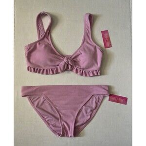 Ninety-Nine Degrees Front Tie Ruffle Bralette Top And Banded Hipster Bottoms - L